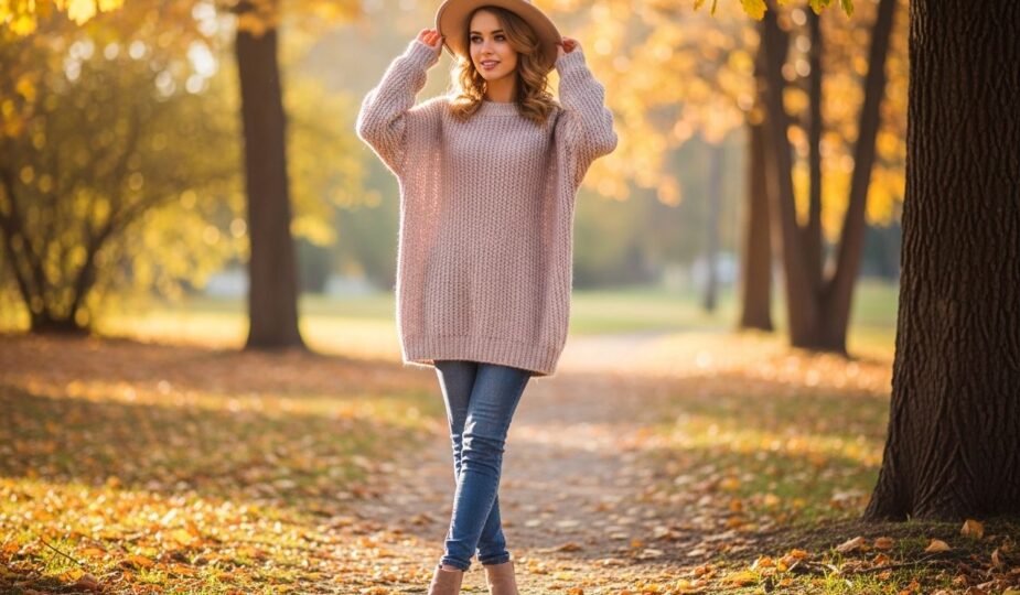 młoda žena v oversized svetríku v jesennom parku so širokým klobúkom a nízkymi čižmami