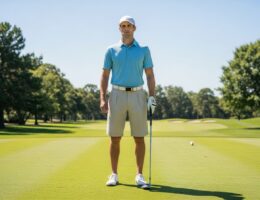 Muž hrá golf na zelenej tráve v svetlom tričku, béžových kraťasoch a bielych doplnkoch.