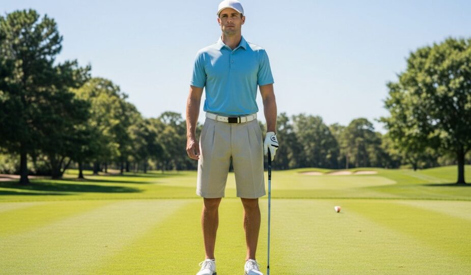 Muž hrá golf na zelenej tráve v svetlom tričku, béžových kraťasoch a bielych doplnkoch.