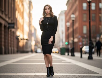 žena v čiernych šatách a členkových topánkach stojaca na rozmazanej mestej ulici