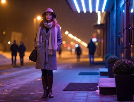 Štýlová mladá žena v zimnom outfite stojí pred nočným klubom s farebnými svetlami a zasneženým mestom.