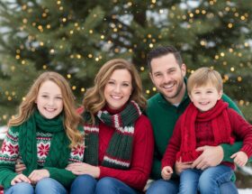 Rodinná vianočná fotka vonku, štyria v zimnom oblečení pri ozdobenom stromčeku so svetielkami.