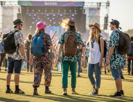 Mladí ľudia na hudobnom festivale v letnom oblečení pri veľkej scéne na tráve počas dňa