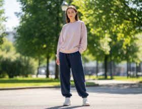 Mladá žena v pohodlnom voľnom oblečení stojí vonku v parku, prírodné svetlo, mestský štýl.