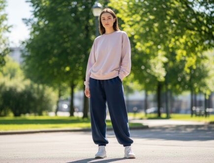 Mladá žena v pohodlnom voľnom oblečení stojí vonku v parku, prírodné svetlo, mestský štýl.