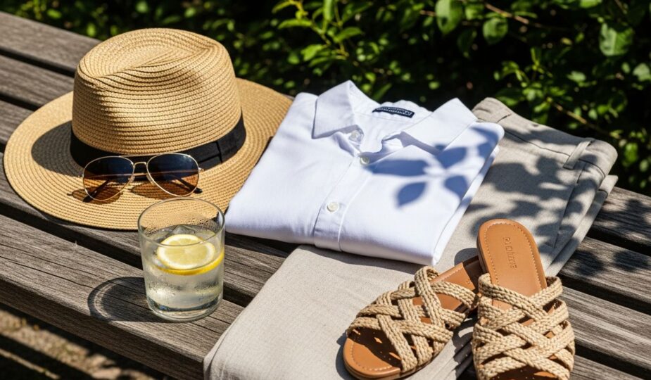 Letný outfit na drevenej lavici: klobúk, okuliare, košeľa, nohavice, sandále a studený nápoj.