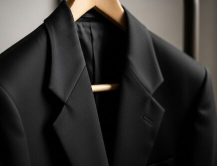 čierny pohrebný oblek na drevenom vešiaku s jemným osvetlením a rozostreným pozadím