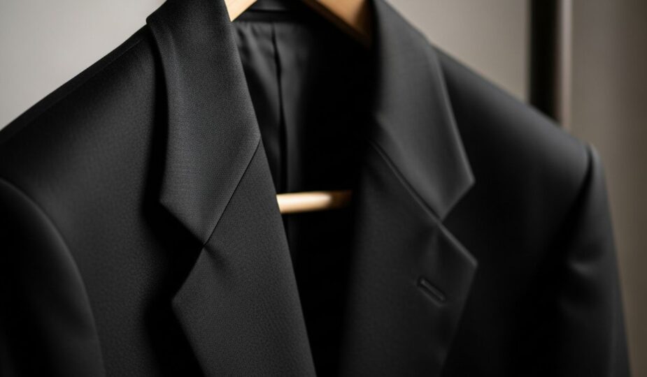 čierny pohrebný oblek na drevenom vešiaku s jemným osvetlením a rozostreným pozadím