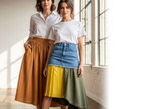 Žena v rôznych štýloch sukni v modernom štúdiu s prirodzeným svetlom a textúrami látok