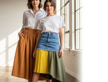 Žena v rôznych štýloch sukni v modernom štúdiu s prirodzeným svetlom a textúrami látok