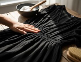 Ruka hladí čierne šaty na stole s jemným pracím práškom a štetcom pri dennom svetle
