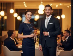 Muž a žena v elegantnom oblečení stoja v modernej reštaurácii pri firemnej večeri.