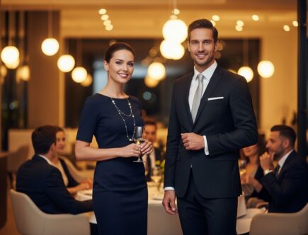 Muž a žena v elegantnom oblečení stoja v modernej reštaurácii pri firemnej večeri.