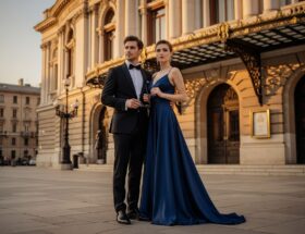 Elegantný pár pred operou počas večera, muž v smokingu, žena v modrej šatách, držia operačné okuliare.