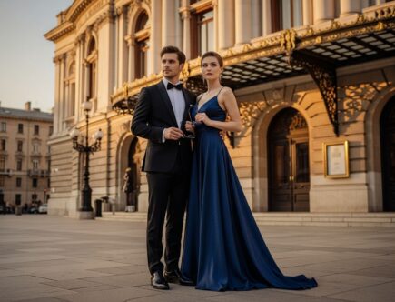 Elegantný pár pred operou počas večera, muž v smokingu, žena v modrej šatách, držia operačné okuliare.