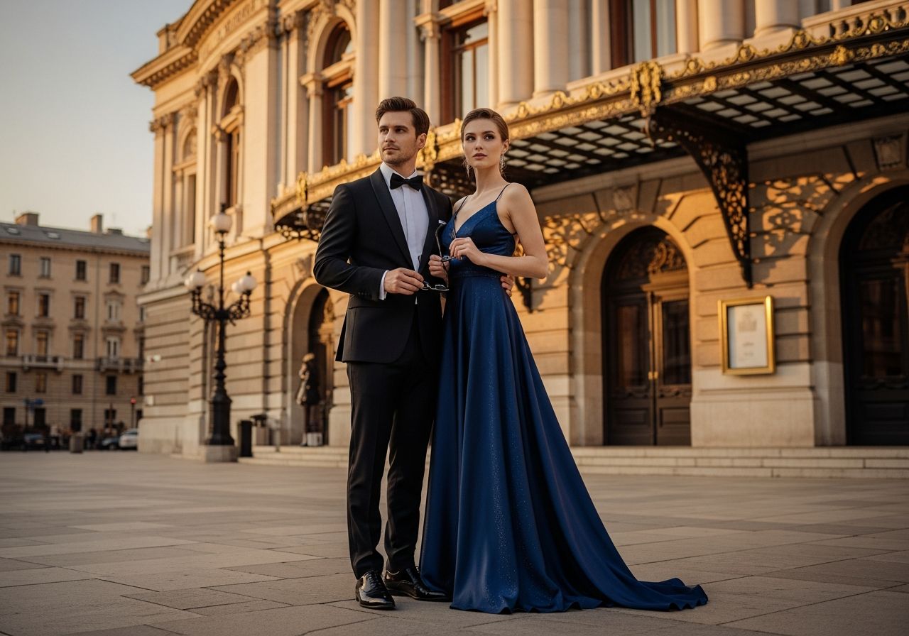 Elegantný pár pred operou počas večera, muž v smokingu, žena v modrej šatách, držia operačné okuliare.