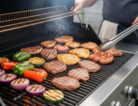 Moderný gril so žeravým uhlím a rôznym mäsom a zeleninou, ruky otáčajú jedlo kliešťami.