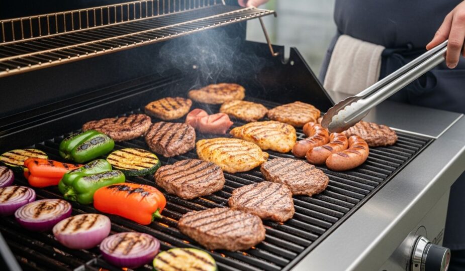 Moderný gril so žeravým uhlím a rôznym mäsom a zeleninou, ruky otáčajú jedlo kliešťami.