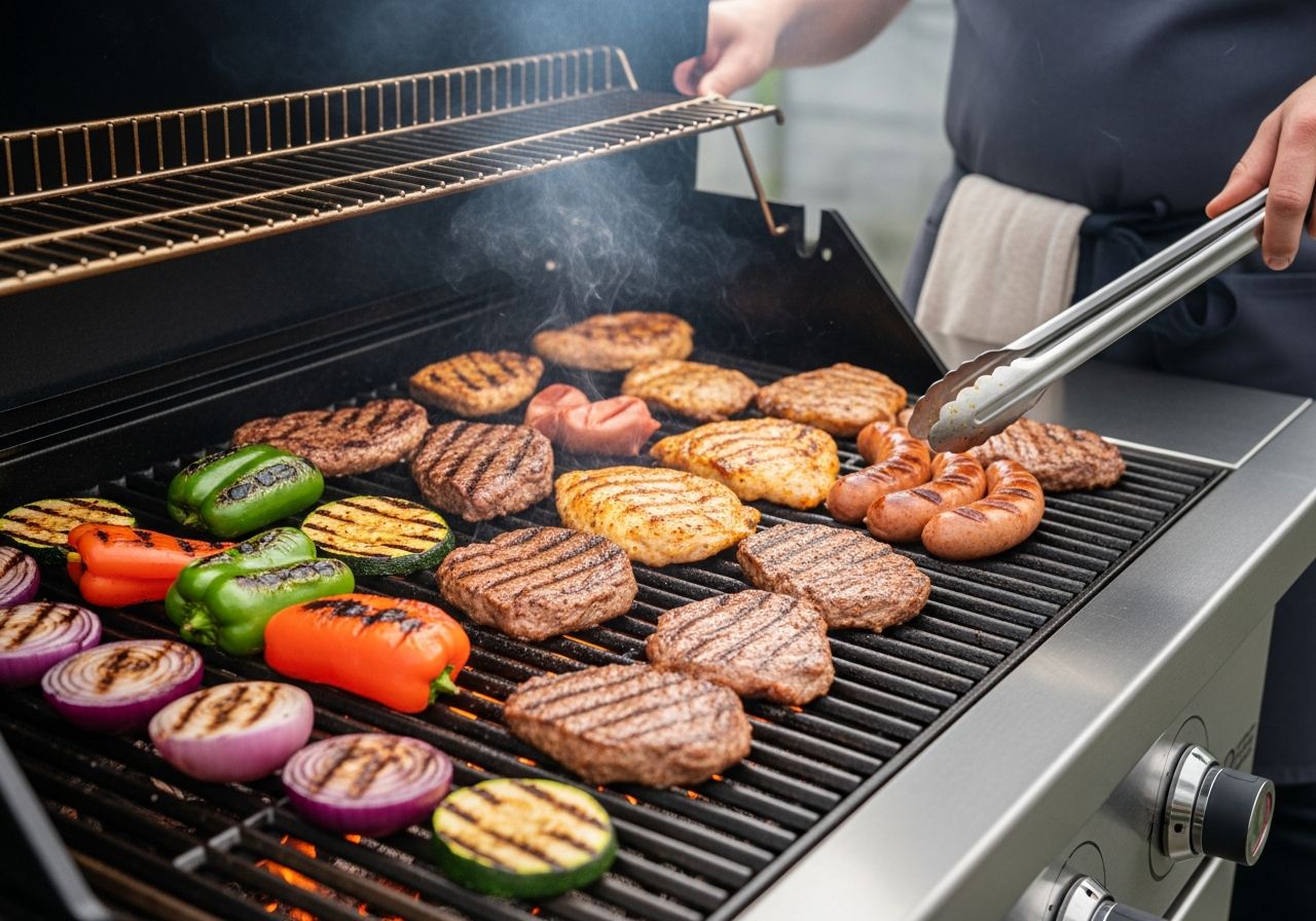Moderný gril so žeravým uhlím a rôznym mäsom a zeleninou, ruky otáčajú jedlo kliešťami.