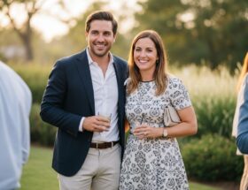 Štýlový muž a žena na neformálnom elegantnom stretnutí držia nápoje vonku v zelenej prírode.