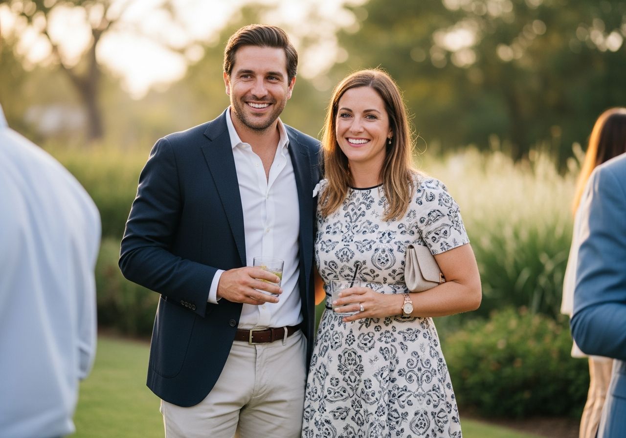 Štýlový muž a žena na neformálnom elegantnom stretnutí držia nápoje vonku v zelenej prírode.