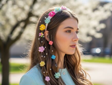 Portrét ženy s farebnými jarnými vlasovými doplnkami v prírodnom svetle, jar, móda.