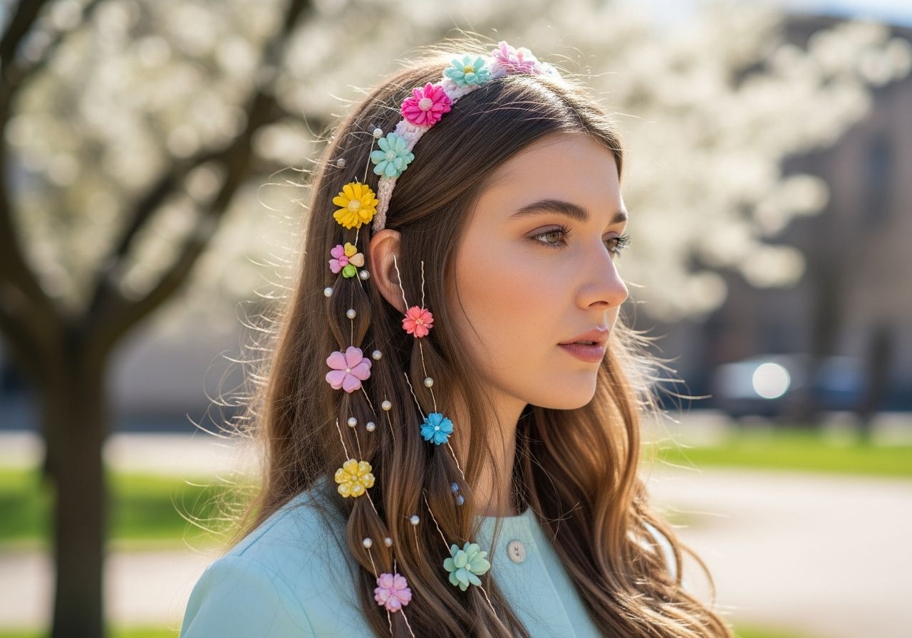 Portrét ženy s farebnými jarnými vlasovými doplnkami v prírodnom svetle, jar, móda.