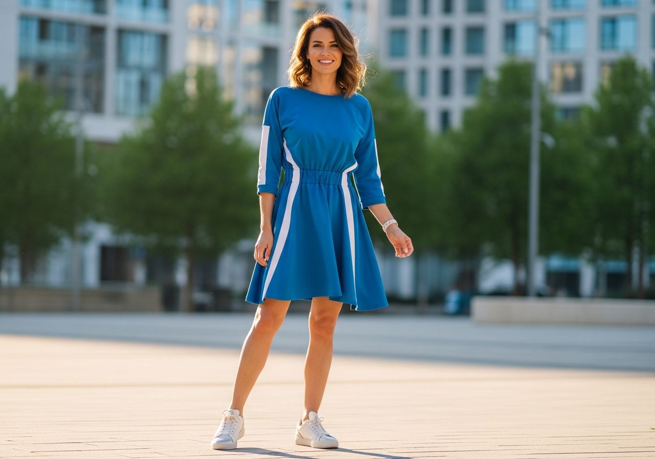 Žena v športových šatách a teniskách stojí v mestskom prostredí na dennom svetle.