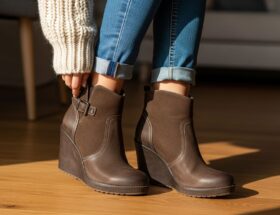 Detailné zábery dámskych klinových topánok na drevenej podlahe v pohodlnom oblečení