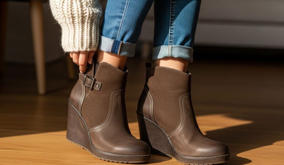 Detailné zábery dámskych klinových topánok na drevenej podlahe v pohodlnom oblečení