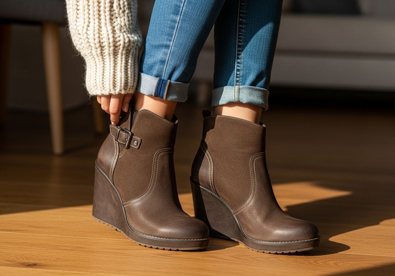 Detailné zábery dámskych klinových topánok na drevenej podlahe v pohodlnom oblečení
