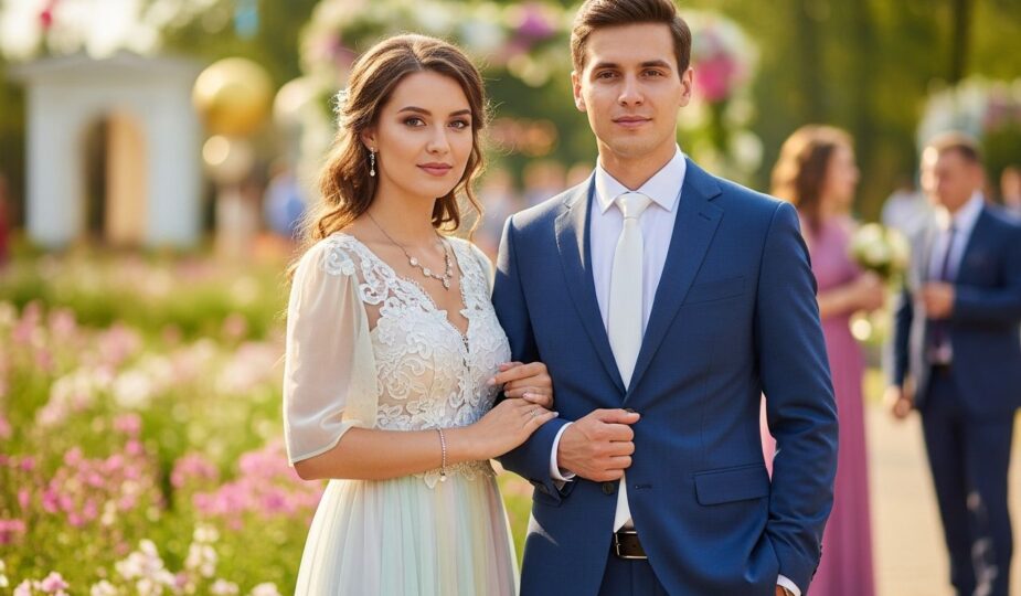 Mladý pár oblečený na svadbu stojí v záhrade s kvetmi, v pozadí sú hostia a dekorácie.