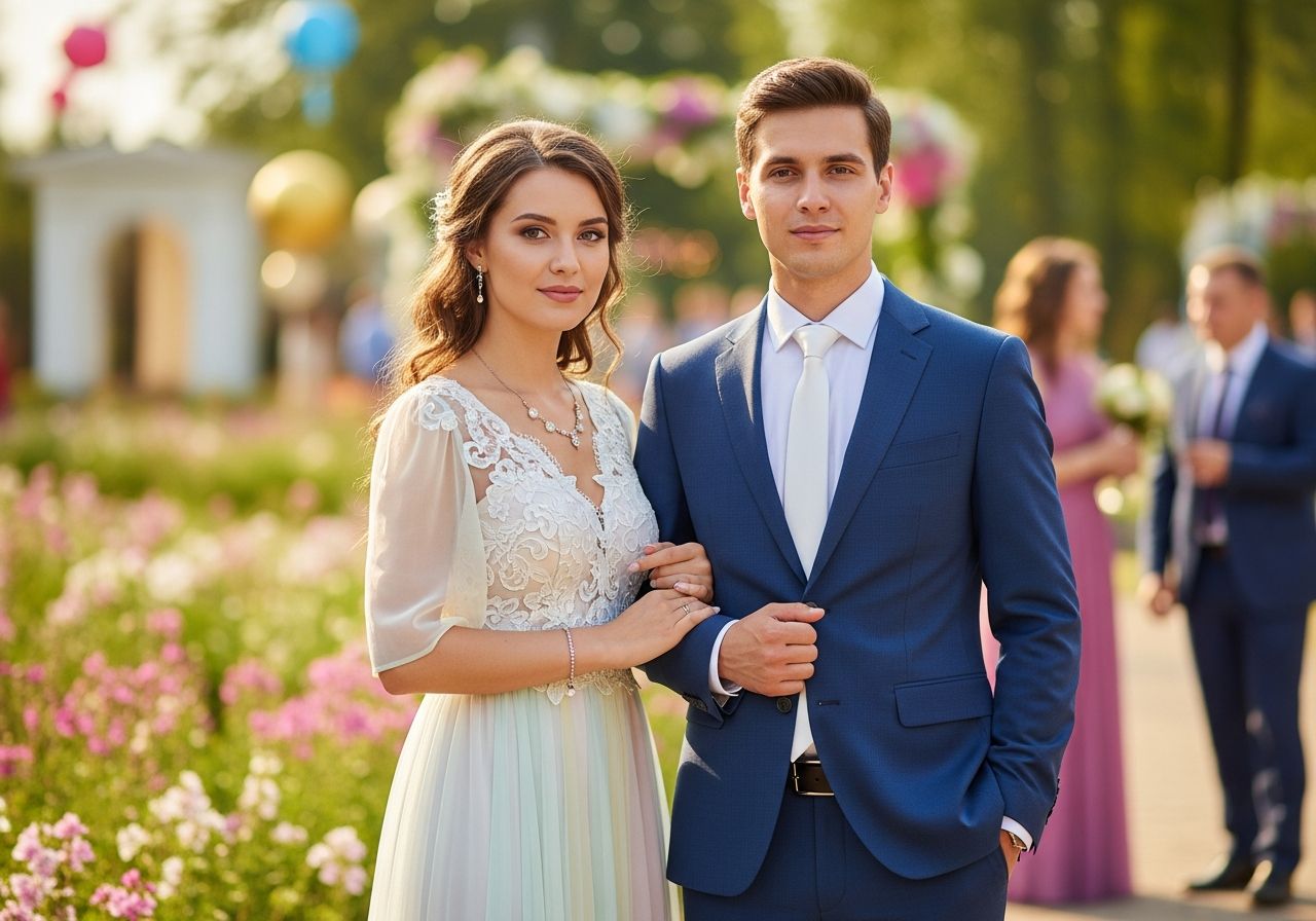 Mladý pár oblečený na svadbu stojí v záhrade s kvetmi, v pozadí sú hostia a dekorácie.