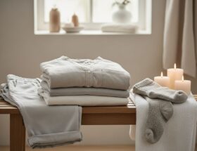 Pokoj na spa s pohodlným oblečením, uterákom a sviečkami v prírodnom svetle a minimalizme.