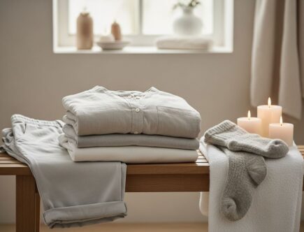 Pokoj na spa s pohodlným oblečením, uterákom a sviečkami v prírodnom svetle a minimalizme.