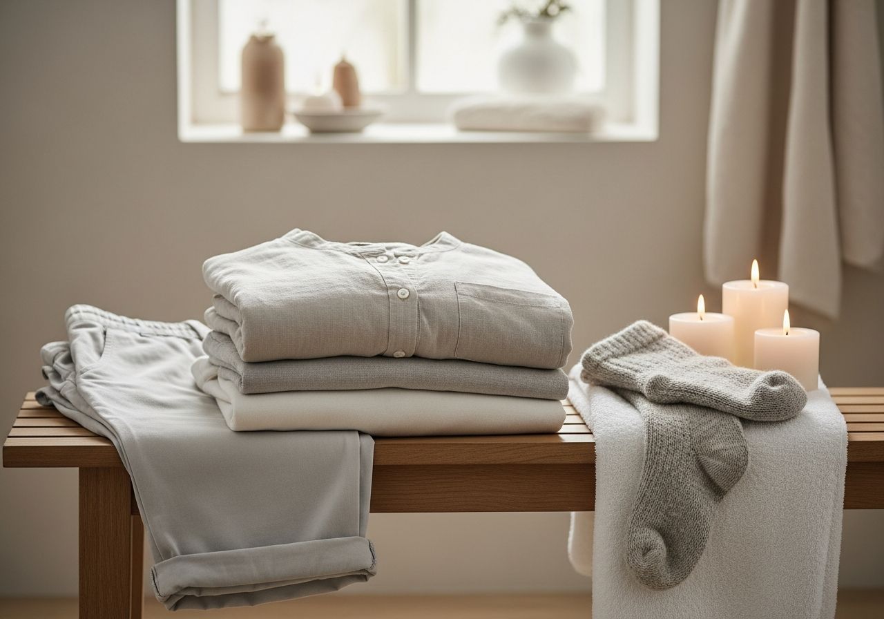 Pokoj na spa s pohodlným oblečením, uterákom a sviečkami v prírodnom svetle a minimalizme.