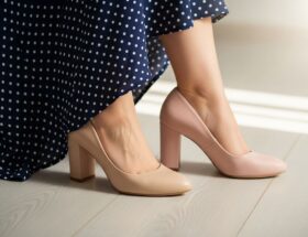 Detail ženských nôh v elegantných topánkach vedľa tmavomodrých šiat s bodkami na svetlom drevenom podlahe