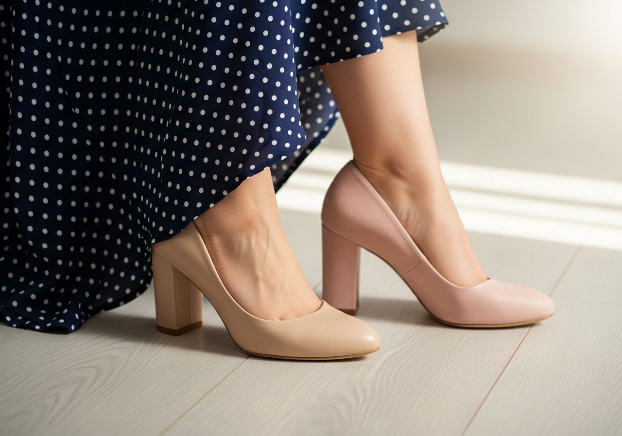 Detail ženských nôh v elegantných topánkach vedľa tmavomodrých šiat s bodkami na svetlom drevenom podlahe