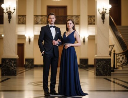 Muž a žena v elegantnom oblečení stoja v hale koncertnej s mramorovou podlahou a schodiskom.