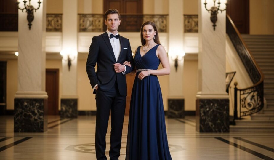 Muž a žena v elegantnom oblečení stoja v hale koncertnej s mramorovou podlahou a schodiskom.