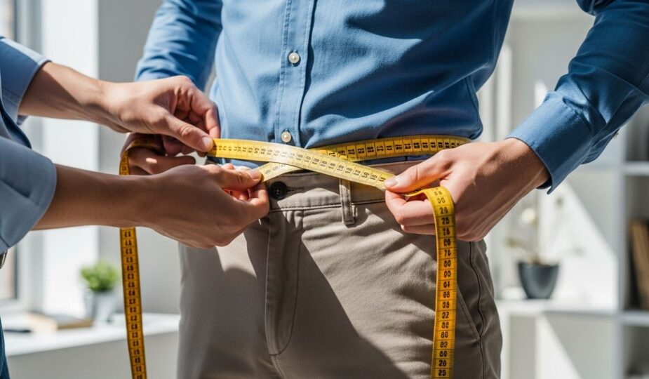 Krajčír meria pánsky pás s krajčírskeho metra v jasnej miestnosti pri dennom svetle