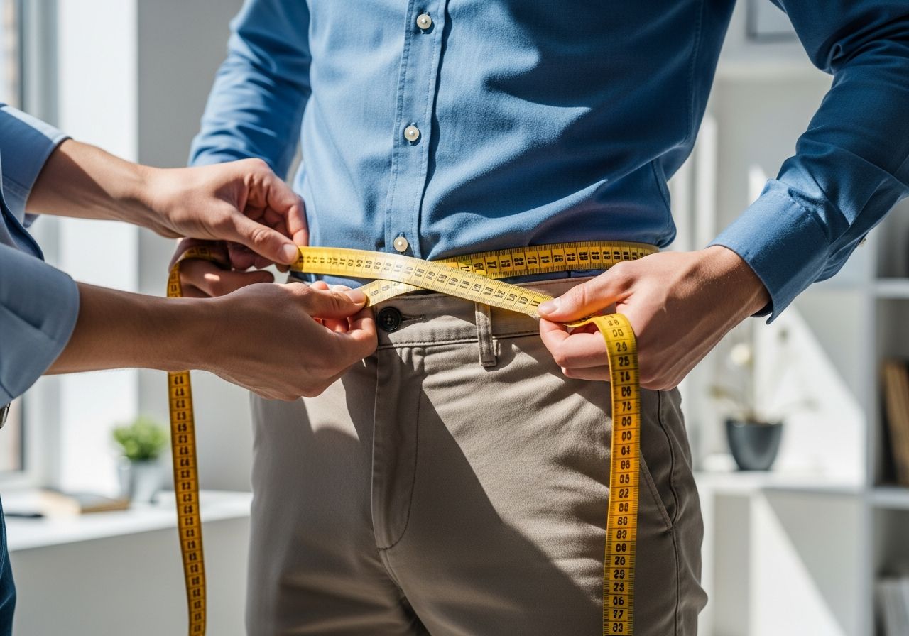 Krajčír meria pánsky pás s krajčírskeho metra v jasnej miestnosti pri dennom svetle