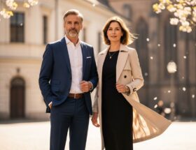 Stredný vek muž a žena v elegantnom oblečení na slnečnom mestskom pozadí s historickou architektúrou