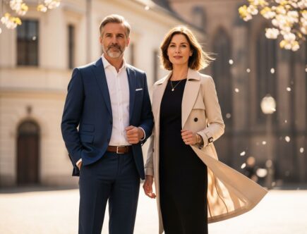 Stredný vek muž a žena v elegantnom oblečení na slnečnom mestskom pozadí s historickou architektúrou