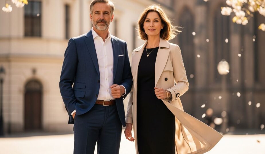 Stredný vek muž a žena v elegantnom oblečení na slnečnom mestskom pozadí s historickou architektúrou