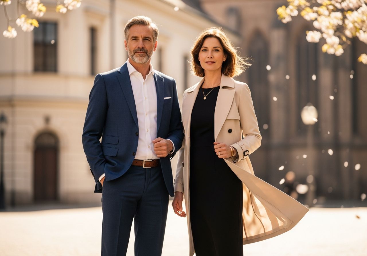 Stredný vek muž a žena v elegantnom oblečení na slnečnom mestskom pozadí s historickou architektúrou