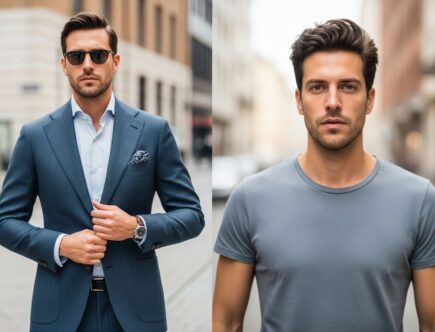 Muž v elegantnom obleku a rovnaký muž v pohodlnom tričku v mestskom prostredí.