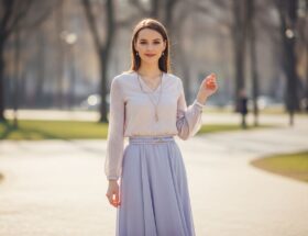 Mladá žena v pastelovej blúzke a sukni oslavuje Medzinárodný deň žien v mestskom parku