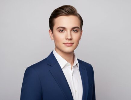 Mladý dospelý v bielej košeli a tmavom saku na svetlom šedom pozadí, profesionálna fotografia.