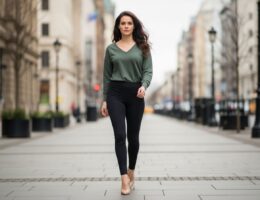 Mladá žena kráča po meste v čiernych legínach a béžových vysokých podpätkoch.